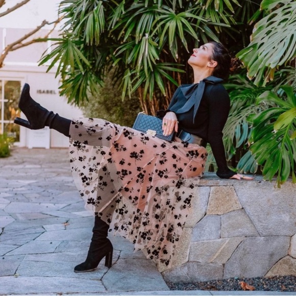 New Floral Print Mesh Lined Overlay Camel Caramel Tan Skirt Midi Maxi Black NWT - Picture 6 of 16